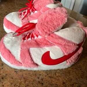 Pink and Red Plush Sneakers slippers Nike style swoosh
